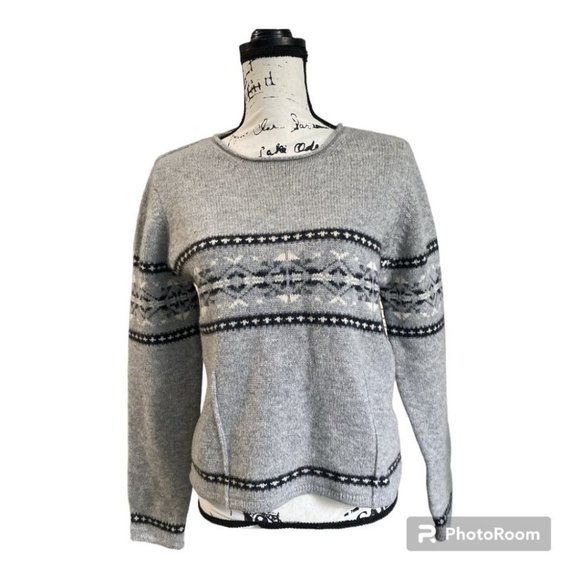 VTG Eddie Bauer Lambswool Sweater M Gray Black Fair Isle Nordic Fisherman Knit - Picture 4 of 13